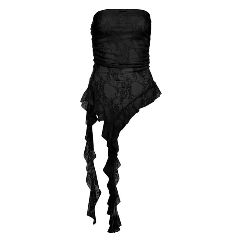 Metal tag lace ruched irregular tube top