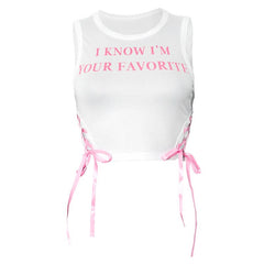 Letter print crewneck lace up crop top