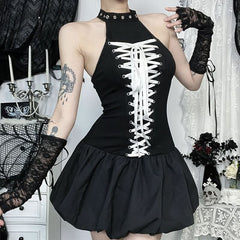 Lace up ruffle zip-up mini dress