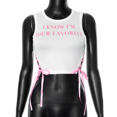 Letter print crewneck lace up crop top