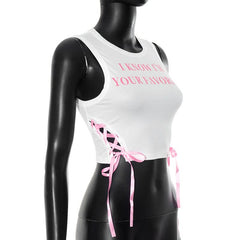 Letter print crewneck lace up crop top