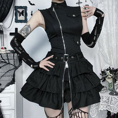 High sleeveless neck zip-up ruffle mini dress