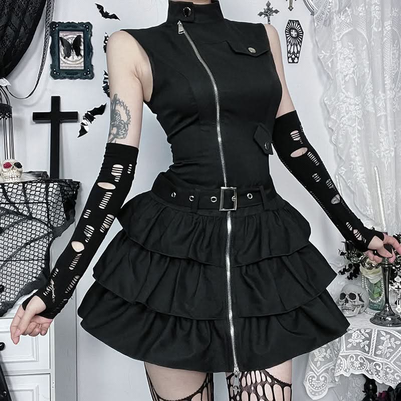 High sleeveless neck zip-up ruffle mini dress