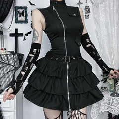 High sleeveless neck zip-up ruffle mini dress