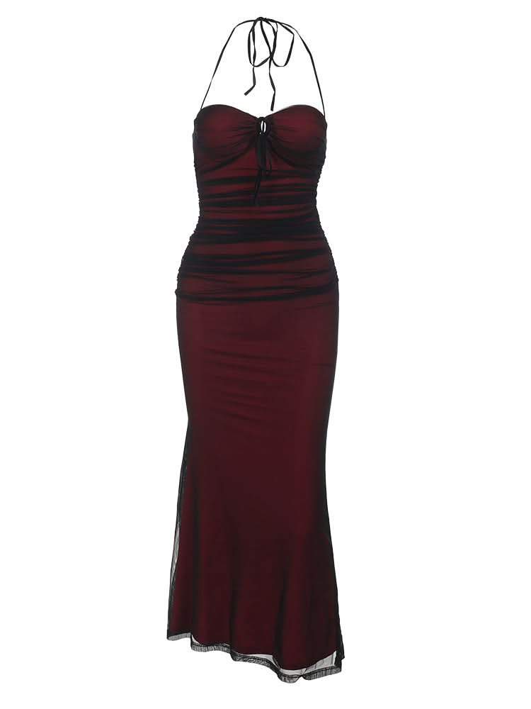 Halter ruched mesh padded maxi dress