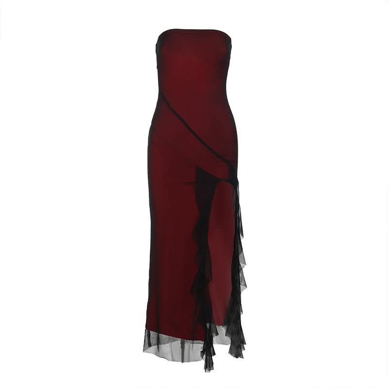 Ruffle high slit mesh patchwork maxi dress