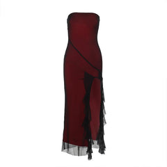 Ruffle high slit mesh patchwork maxi dress