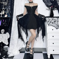 Off shoulder cross applique ruffle mesh patchwork mini dress