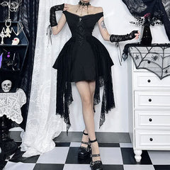 Off shoulder cross applique ruffle mesh patchwork mini dress