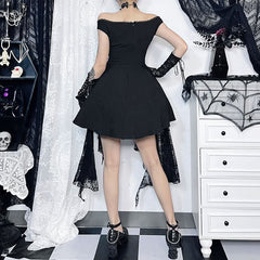 Off shoulder cross applique ruffle mesh patchwork mini dress