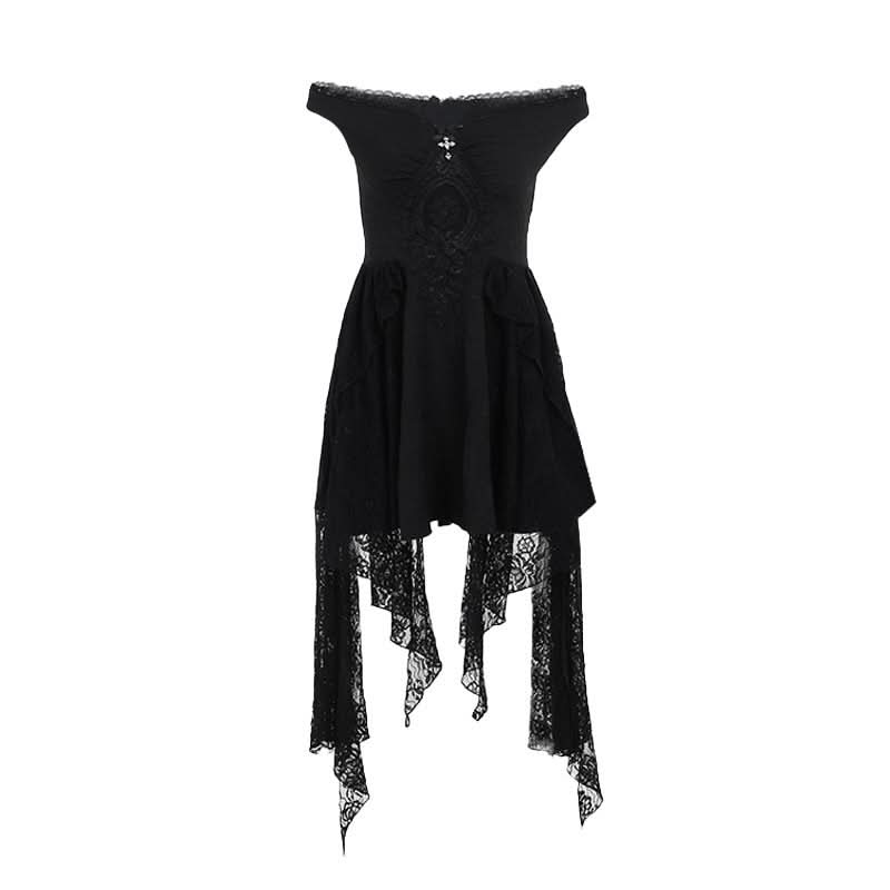 Off shoulder cross applique ruffle mesh patchwork mini dress