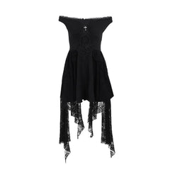 Off shoulder cross applique ruffle mesh patchwork mini dress