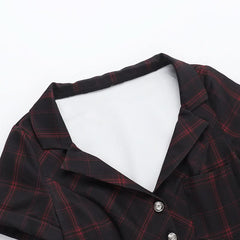 Short sleeve plaid button deep v neck mini dress