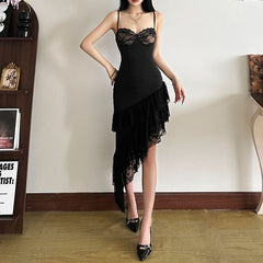Irregular lace hem v neck cami midi dress