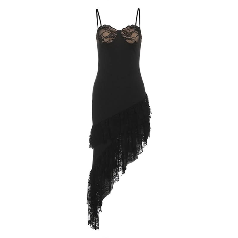 Irregular lace hem v neck cami midi dress
