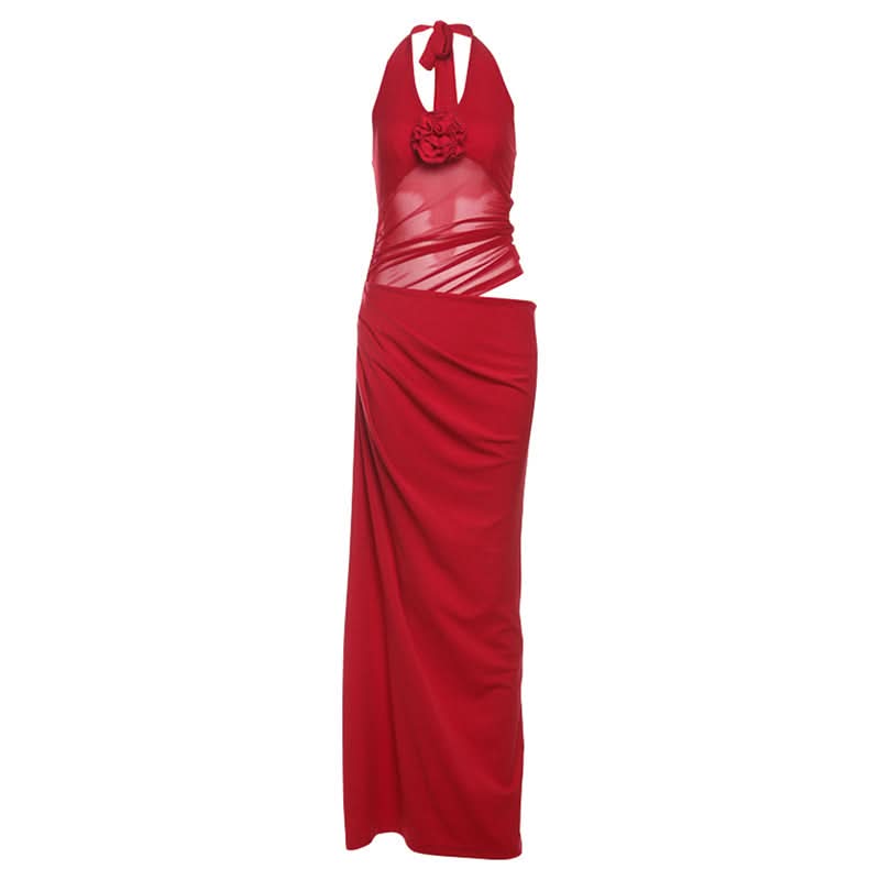 Halter self tie flower applique mesh maxi dress