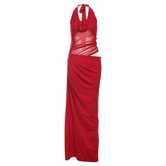 Halter self tie flower applique mesh maxi dress