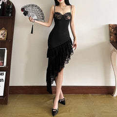 Irregular lace hem v neck cami midi dress