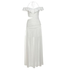 Ruffle halter self tie v neck hollow out cut out maxi dress