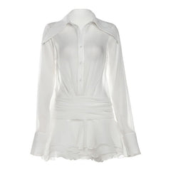 Long sleeve button zip-up chiffon ruffle mini dress