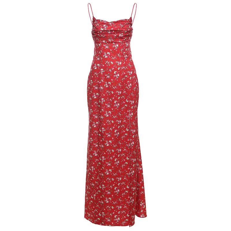 Zip-up ruched flower print slit cami maxi dress