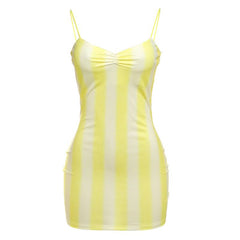 Striped print v neck spaghetti strap mini dress