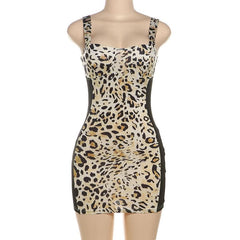 Leopard print v neck backless cami mini dress