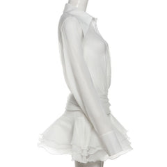 Long sleeve button zip-up chiffon ruffle mini dress