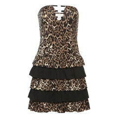 Leopard print hollow out ruffle tube cut out mini dress