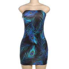 Backless feather print contrast tube mini dress