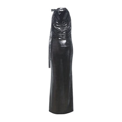Cowl neck self tie metallic solid maxi dress