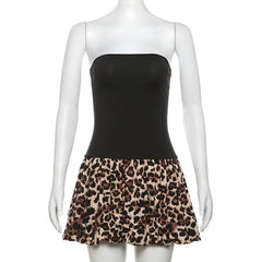 Leopard print patchwork backless tube mini dress