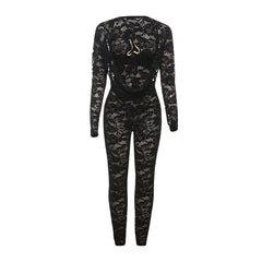 Long sleeve lace hollow out see through jumpsuit