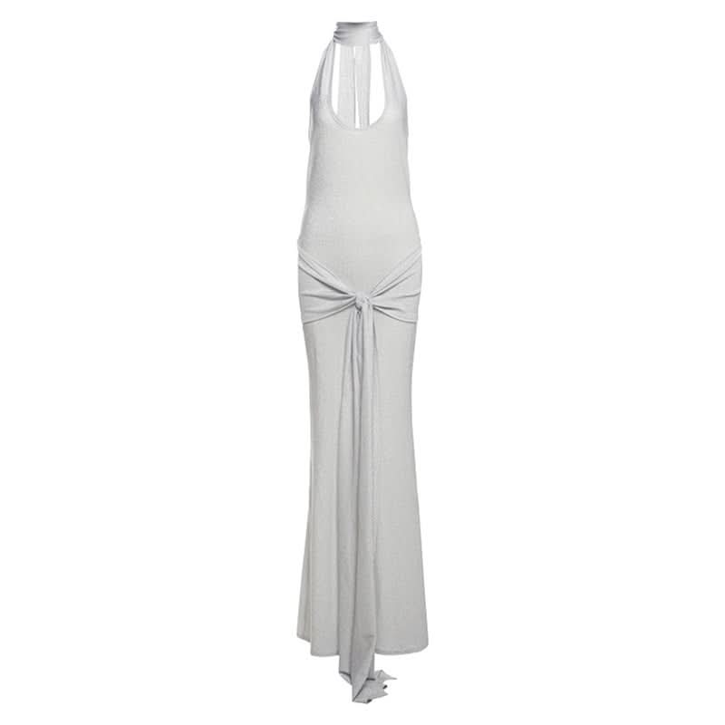 Halter u neck self tie backless maxi dress