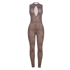 Hollow out zip-up leopard print crewneck jumpsuit