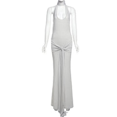 Halter u neck self tie backless maxi dress