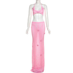 Halter self tie flower applique u neck maxi skirt set