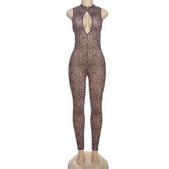 Hollow out zip-up leopard print crewneck jumpsuit
