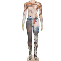 Long sleeve crewneck print mesh pant set