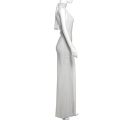 Halter u neck self tie backless maxi dress