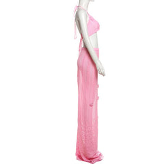 Halter self tie flower applique u neck maxi skirt set