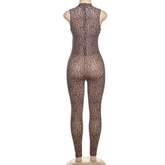 Hollow out zip-up leopard print crewneck jumpsuit