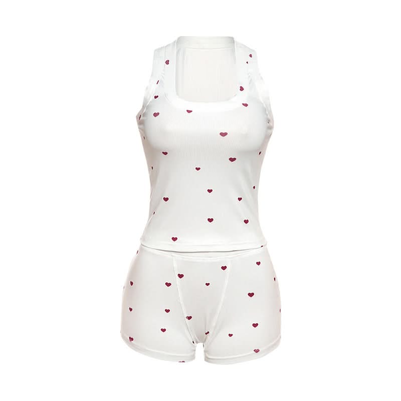 Square neck heart print ribbed pant set