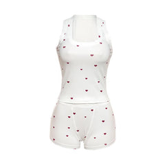 Square neck heart print ribbed pant set