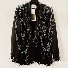 Long sleeve PU leather metal chain skull applique top