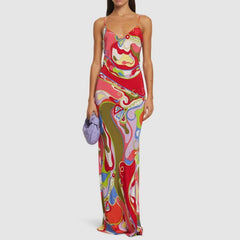 Slit deep v neck print cami maxi dress