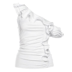 One shoulder ruffle irregular ruched solid top