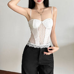 Lace hem v neck mesh backless cami top
