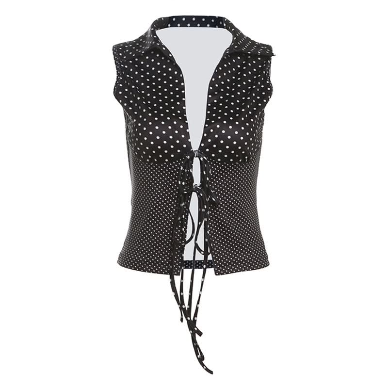 Self tie polka dot hollow out v neck cut out top