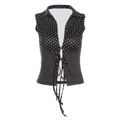 Self tie polka dot hollow out v neck cut out top